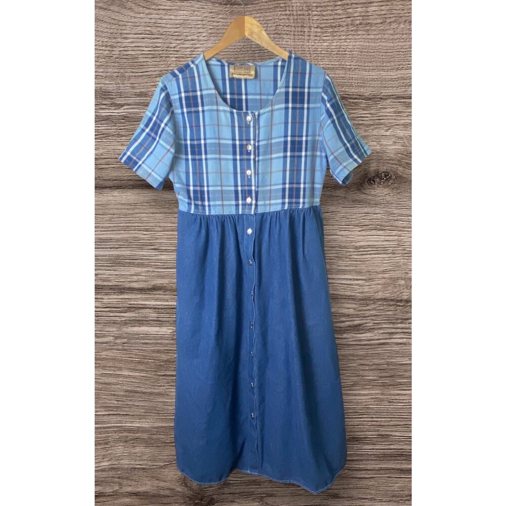 Studio Ease Cottagecore Women’s Blue Plaid Denim Prairie Dress Size 10
